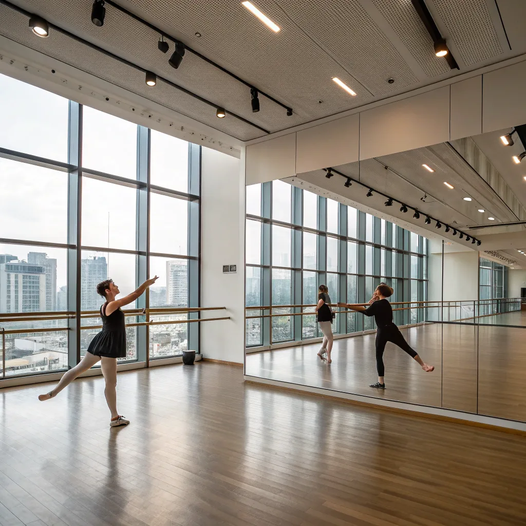 Interior of a modern dance studio with dancers practicing