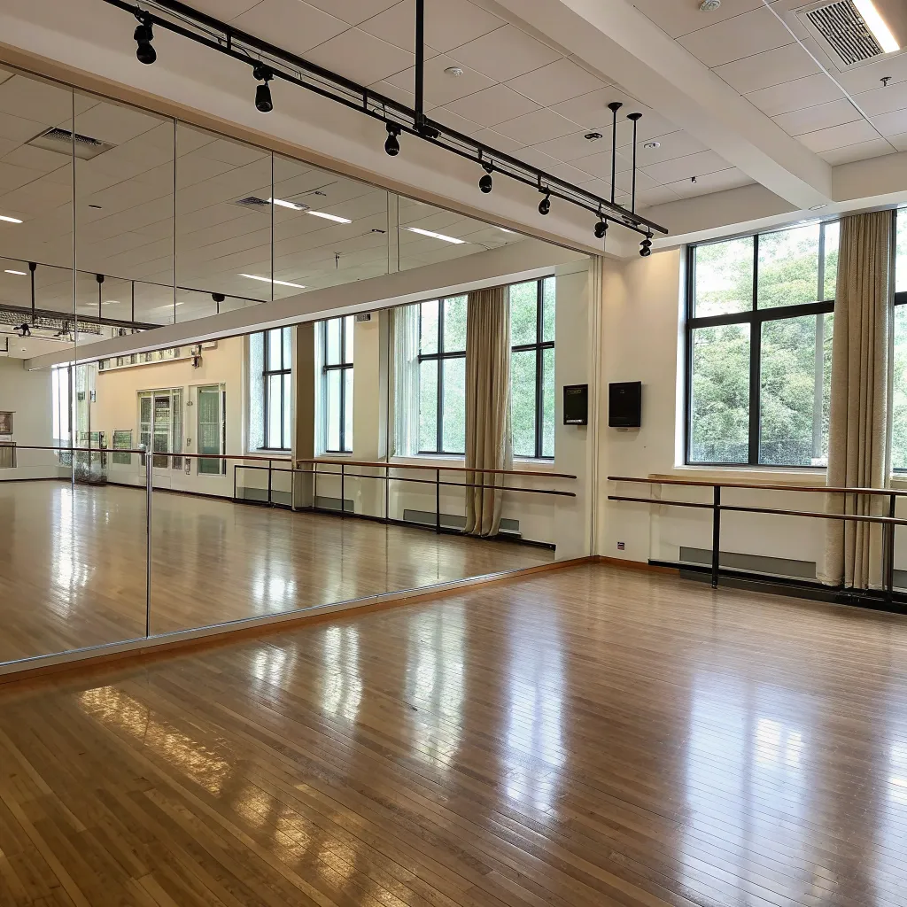 Elegant interior of the dance studio with wooden floors and mirrors